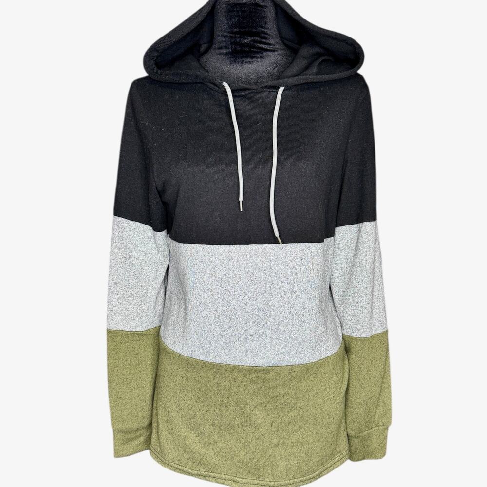 SHEIN Black Heather Gray Green Colorblock Striped Sweater Hoodie Medium